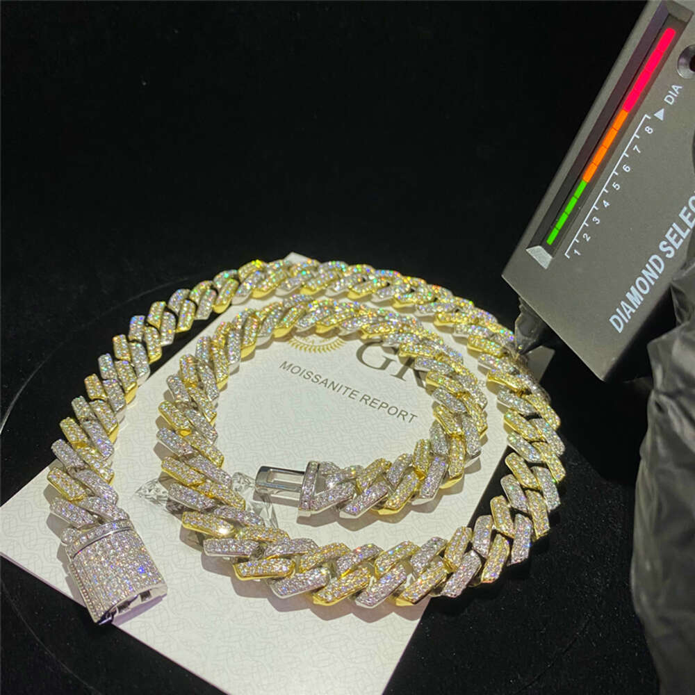 Sterling Silver Hip Hop Jewelry Moissanite Chain Cuban Bracelet 14mm Two Tone Iced Out Diamond Gold Plated Cuban Link Chain
