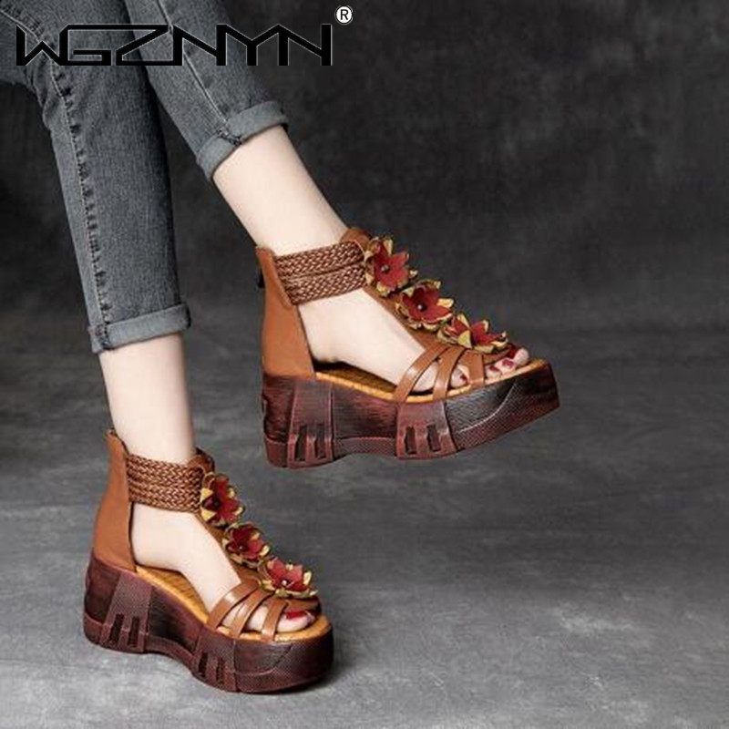 Trending Floral Wedge Sandals for Women Open Toe PU Leather Platform Heels Comfortable Summer Casual Dress Shoes