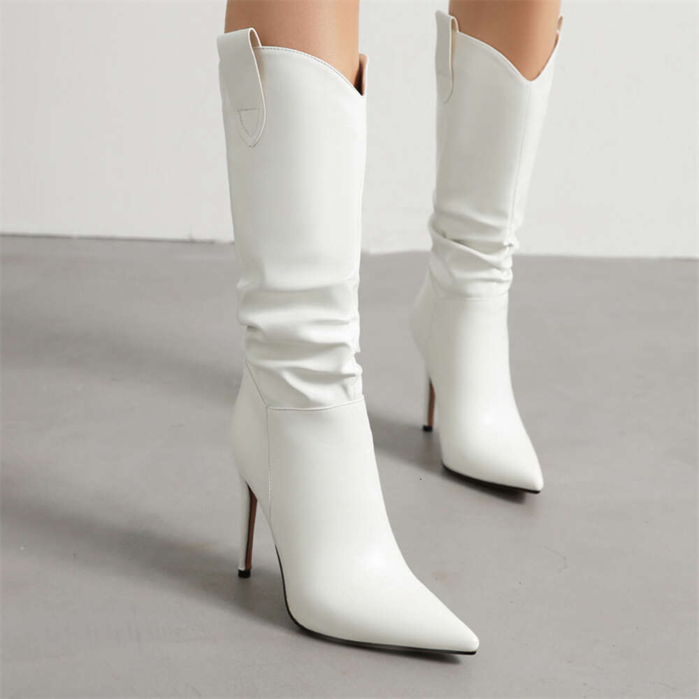 Knee High Women Sexy Point White Red Heels Western Cowboy Boots Female 2023 New Trends Dance Party Shoes Large Size