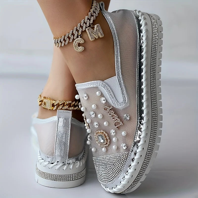 Loafers womens rhinestone decorative mesh sports shoes slide on low flat shoes 240611
