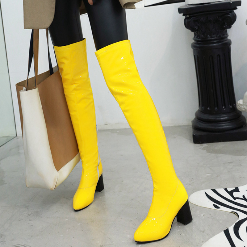 Winter Women's High Boots Candy Color Over the Knee Boot Square Heel Patent Leather White Red Yellow Green Long Shoes Large Size 9e3a Lear
