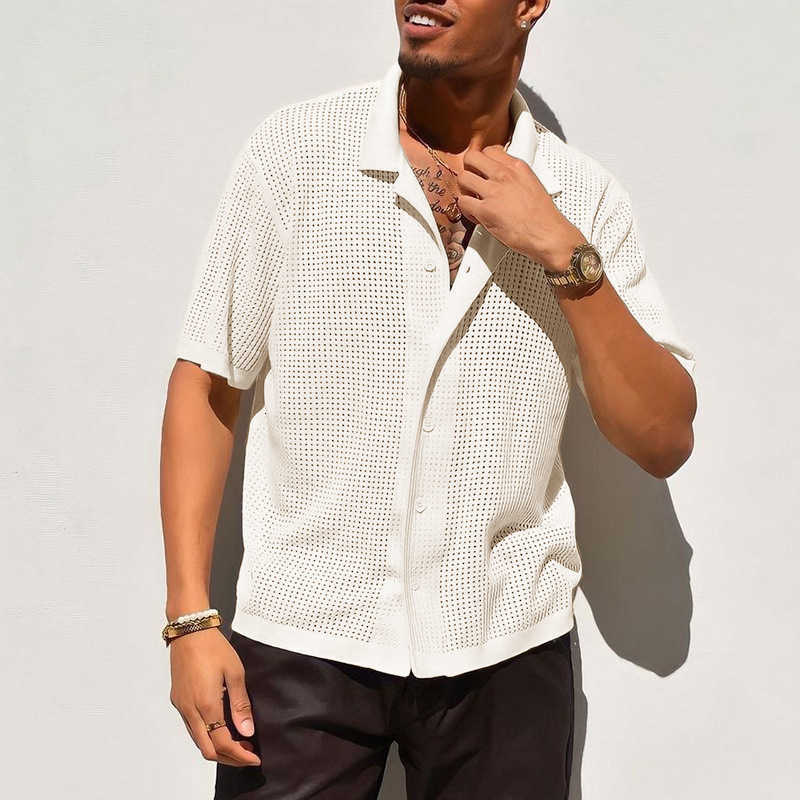 Men's Polos Shirts Man Casual Knitted Shirt Men Summer New Solid Color Lapel Hollowed Out Breathable Male Short Sleeved Top Tops