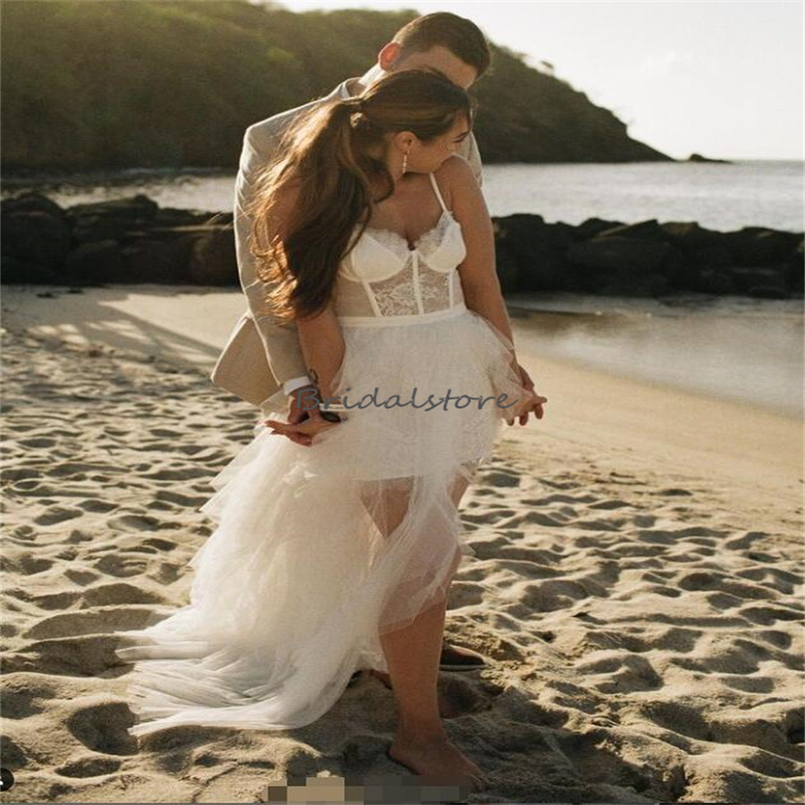Sexy Summer Beach Wedding Dresses Spaghetti Straps Hi Low Boho Lace Bridal Dress Hispanic Short Country Bride Dress Vestio De Novias Celtic Hippies Bo