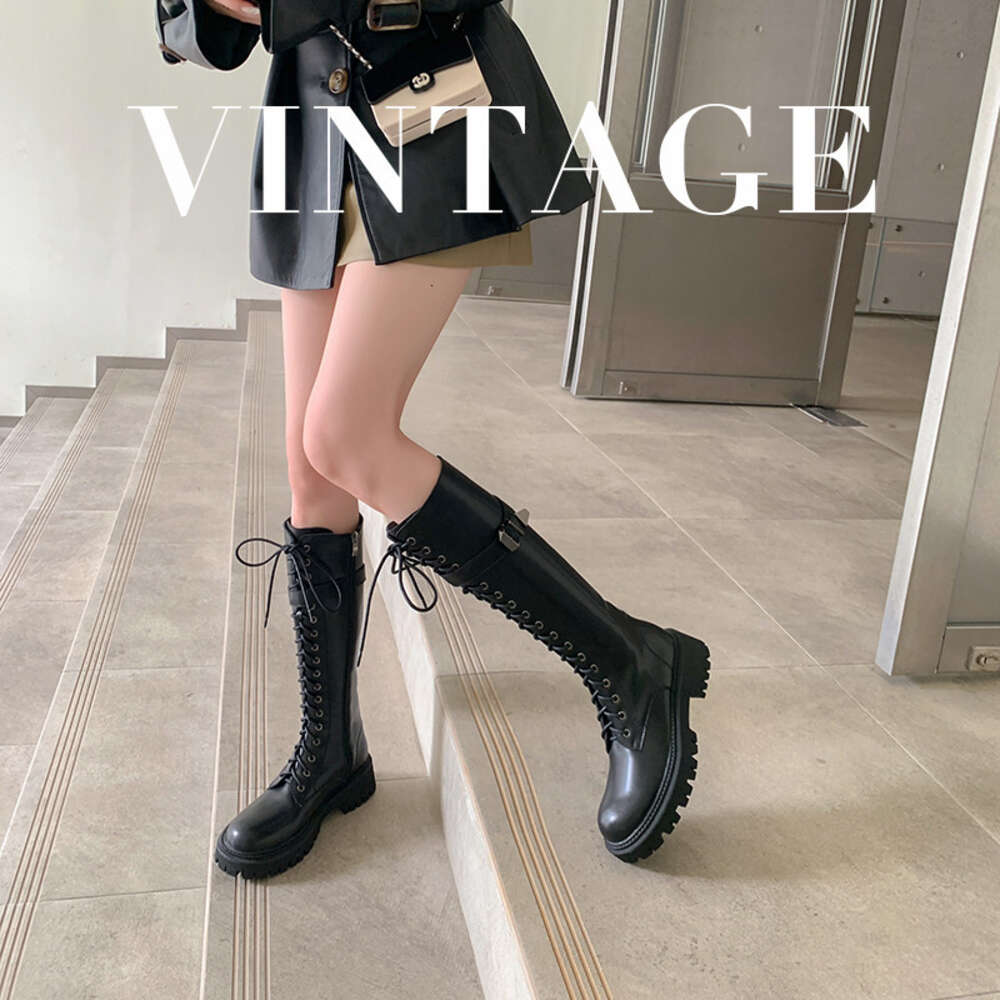 KHOU Fashion Knee-High Women New High-Quality Leather Lace-Up Platform Street All-Match Martin Knight Boots
