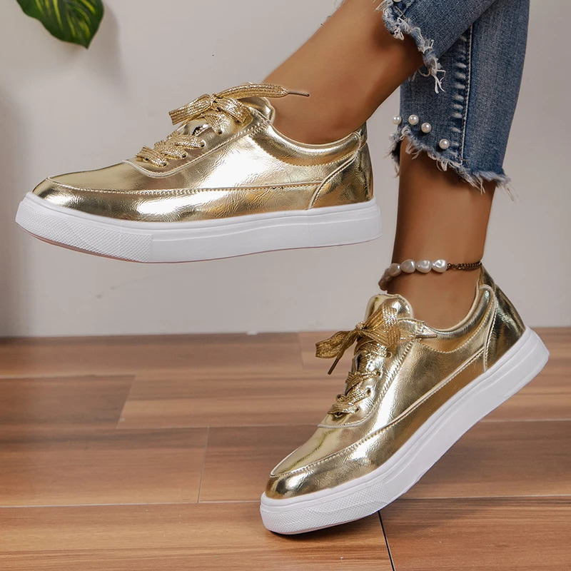 Gold and silver PU leather sports shoes for womens anti slip lace up platform casual shoes for womens autumn flat shoes Zapatos no print good size 43 