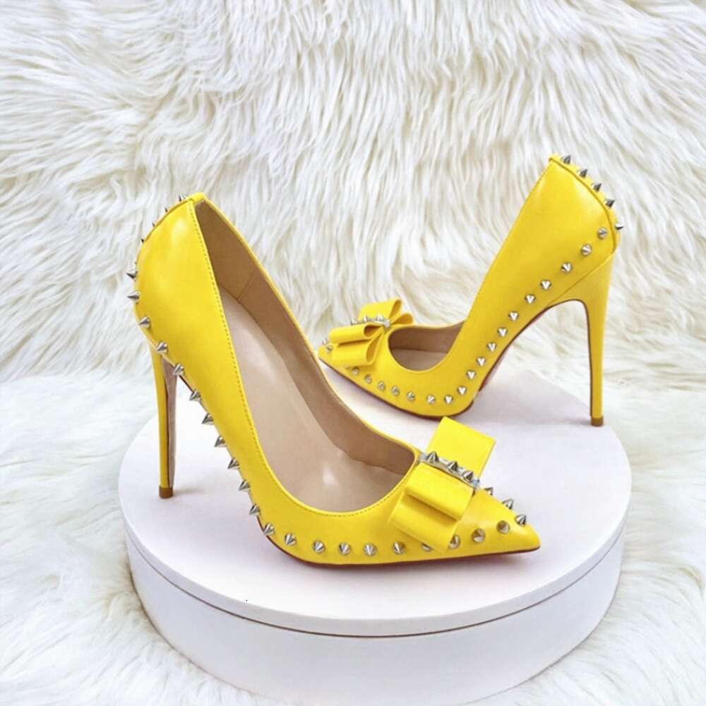 Pointed Yellow Bow Rivet High Heels, Sexy Shoes With Pointed Rivets, Suitable For Parties And Clubs, Extra Large