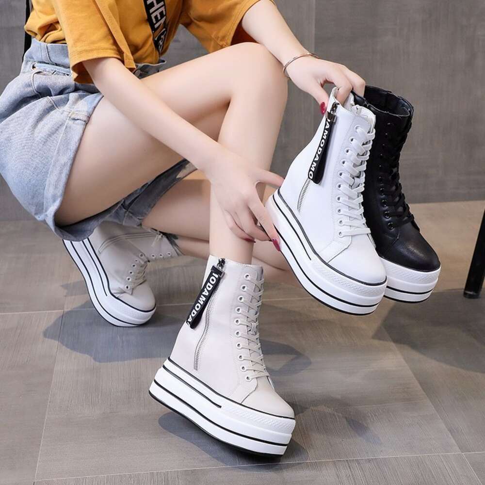 White Trendy Women High Top Sneakers Platform Zip Ankle Boots Femme Chaussures Femmes Height Increase Outdoor Sports Shoes