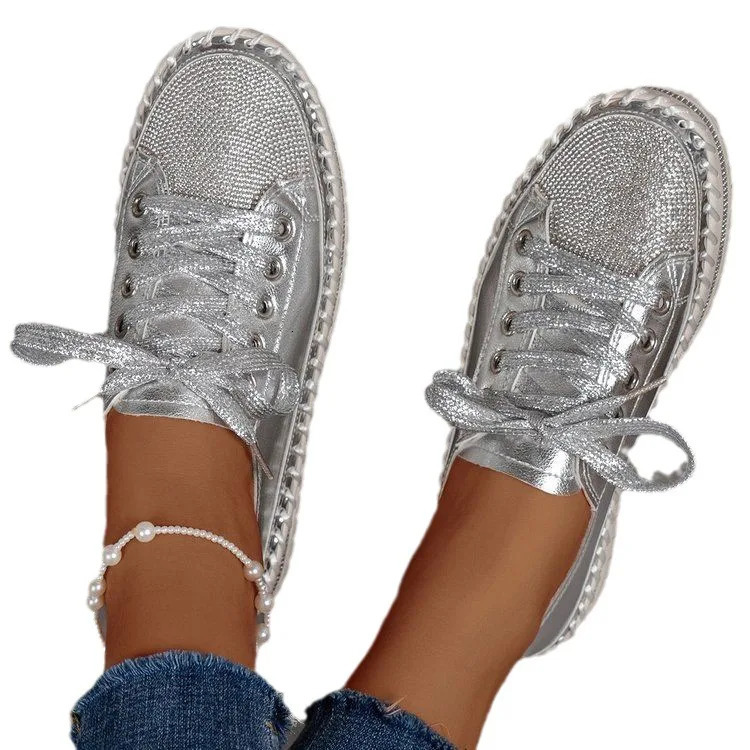 Womens sports shoes Plus size 35-44 crystal thick sole casual Rhinestone PU walking flat thick sole lace sole 240611