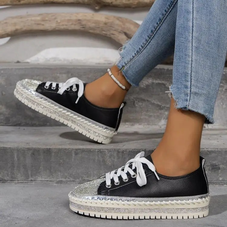 Womens sports shoes Plus size 35-44 crystal thick sole casual Rhinestone PU walking flat thick sole lace sole 240611