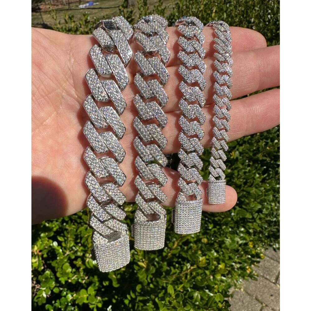 Luxury Vvs Moissanite Cuban Chain Solid Sterling Silver Hip Hop Necklace 8-20mm Iced Out Prong Link