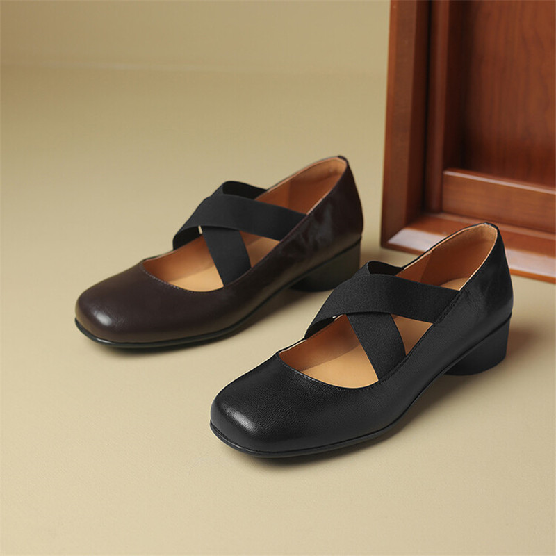 New 2024 Spring Sheepskin Round Toe Low Heel Pumps Mary Jane for Women Shallow Ballet Leather Shoes 87d9