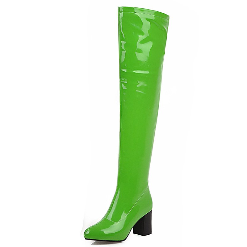 Winter Women's High Boots Candy Color Over the Knee Boot Square Heel Patent Leather White Red Yellow Green Long Shoes Large Size 9e3a Lear