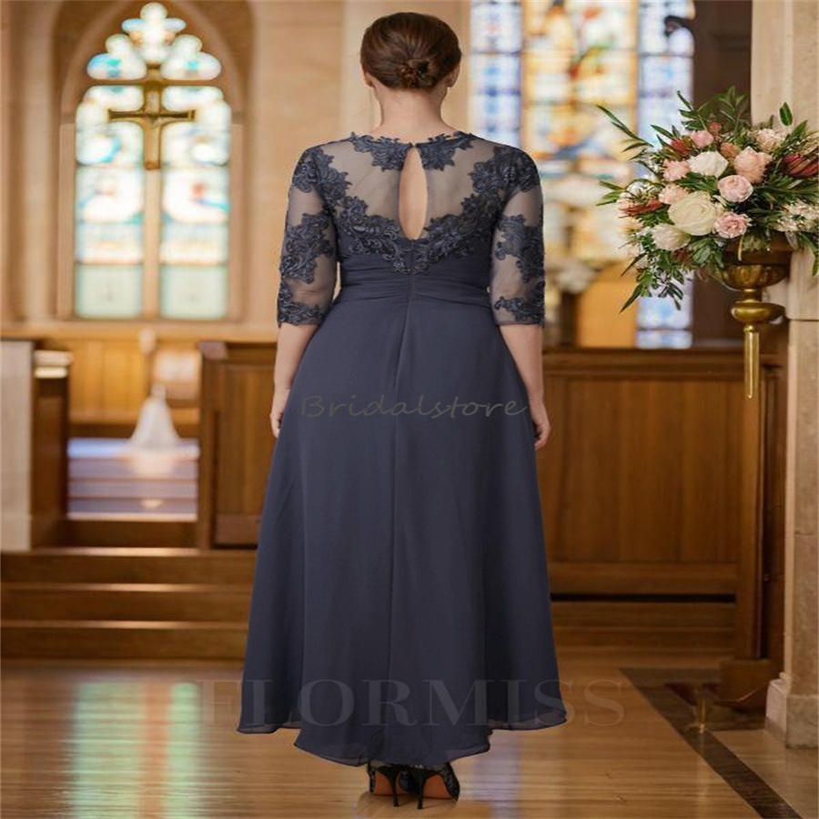 Dark Navy Mother Of The Bride Dress Tea Length Chiffon Midi Evening Dresses 2024 Half Sleeve Lace Wedding Guest Party Gown 2024 Formal Women 50s Birth