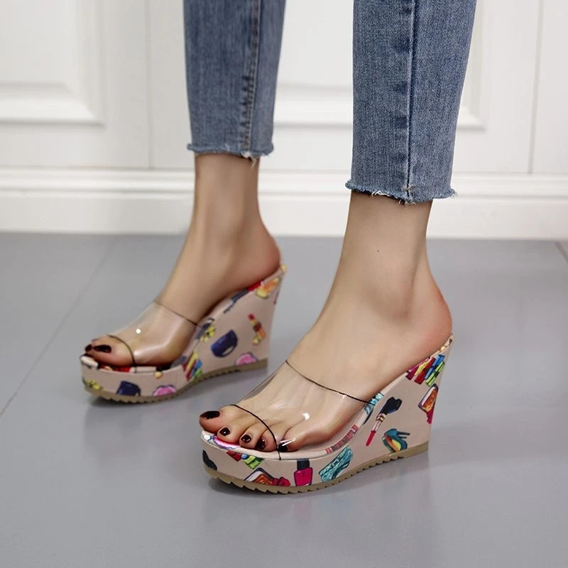 Womens wedge-shaped slider high heels platform casual womens slider summer retro transparent flower thick sole slider ethnic style 240611