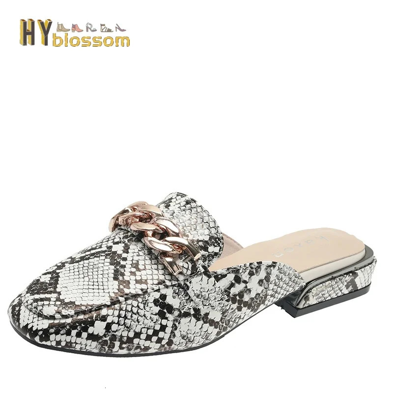Snake Prints Chain Mules Womens Slides Square Toe Shoes Classic Fashion Footwear Plus US 42 43 Slippers Womens Shoes 240611