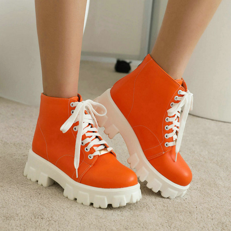 Black Orange Yellow Women Ankle Boots Platform Square Heel Ladies Short Boots PU Leather Round Toe Cross Tied Women's Shoes