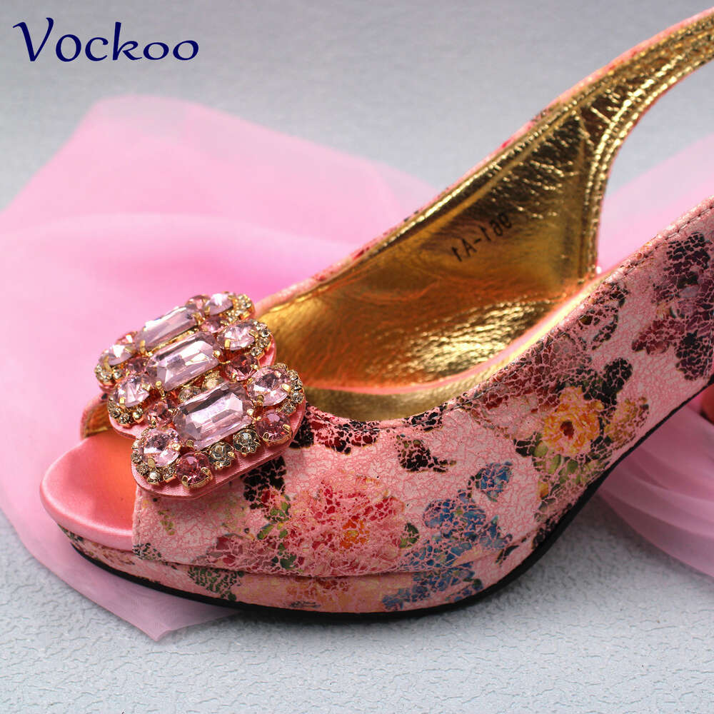 Pink Color Sexy Ladies Shoes And Bag Set Platform Square Heels Comfortable With Crystal For Wedding Party