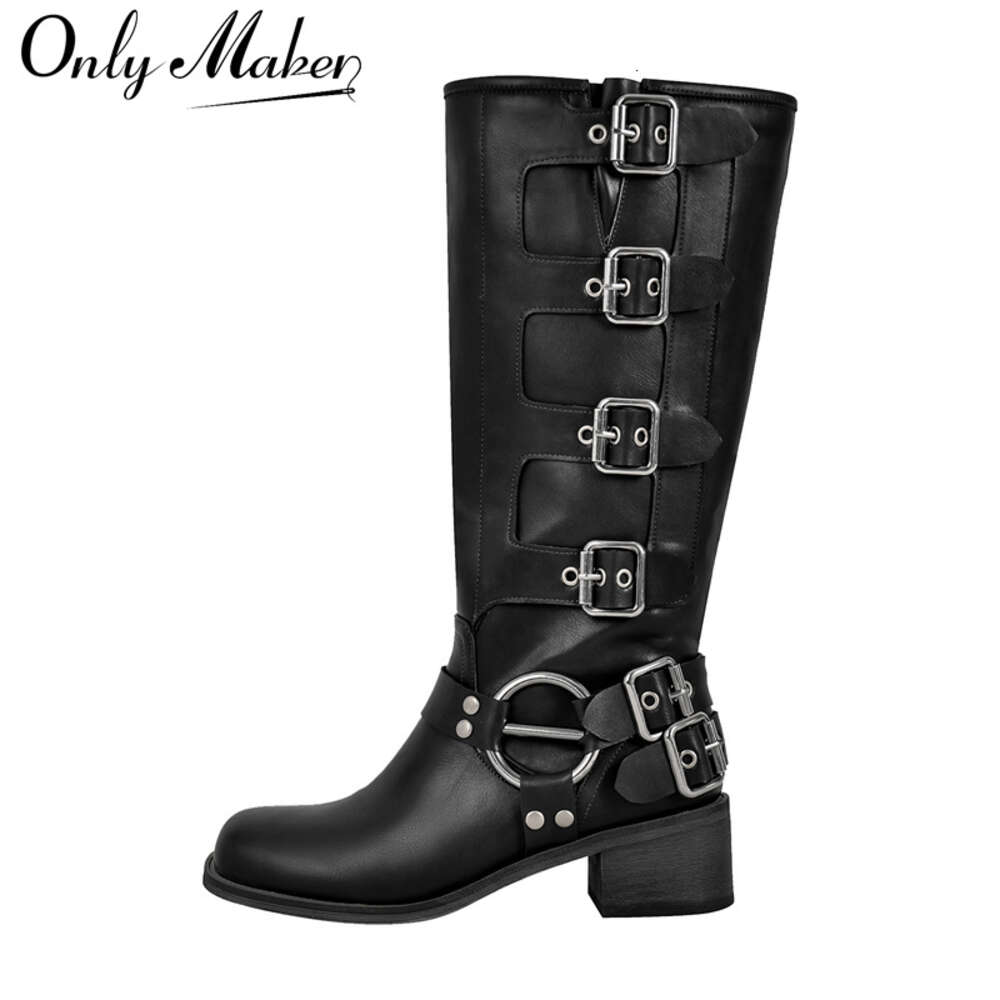 Onlymaker Women Gothic Black Knee High Heeled Brown Metal Rivet Buckle Fashion Motorcycle Boots