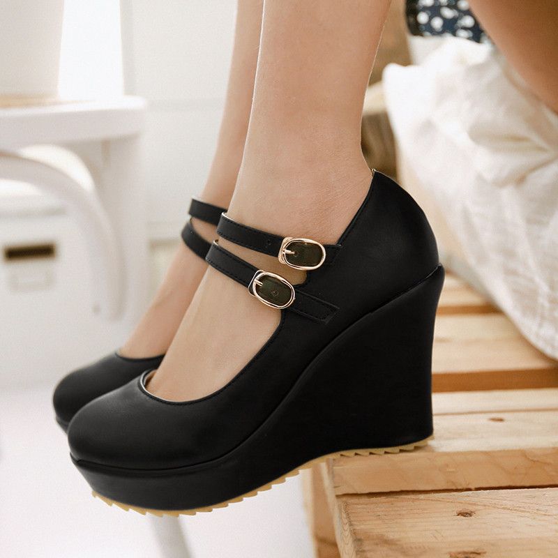 Casual Wedge Shoes For Women Classic Black Nude White Wedges Heeled Elegant Ankle Straps OL Office Wedding Shoes Lady