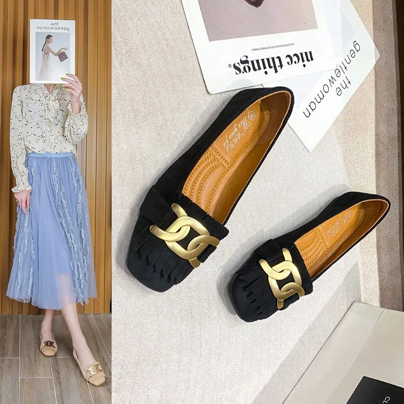 Flat shoes womens retro tassel square light single shoes womens metal buckle flat shoes womens large size 45 240611