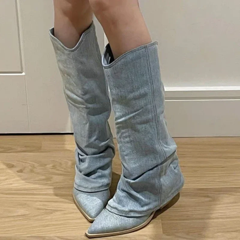 Women Pleats Blue Denim Thigh High Autumn New Thick Heeled Pointed Toe Cowboy Woman Slip On Western Long Boots 7607