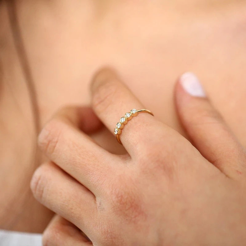 Lnngy 3MM Bezel Ring Certified Original 925 Sterling Silver 5 Stones Wedding Band For Women Laidies Sparkling Jewelry 240530