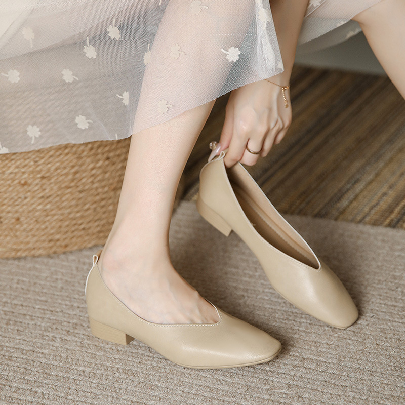 Genuine Low-heeled Women 2023 Spring Soft New Leather Flat Bottom Shallow Cut Single Shoe Versatile Casual Heel Loafers