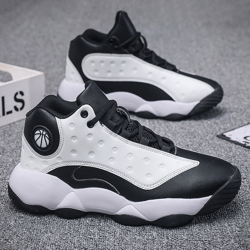 Black and white leather large size 46 basketball shoes for men's spring and autumn waterproof sports running shoes