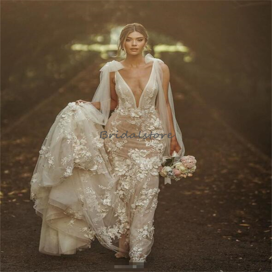 Fantasy Florals Forest Wedding Dresses 2024 Sexy Deep V Neck Appliques Lace Mermaid Bohemian Bridal Dress Elegant Backless Bride Dress Vestios Novia C