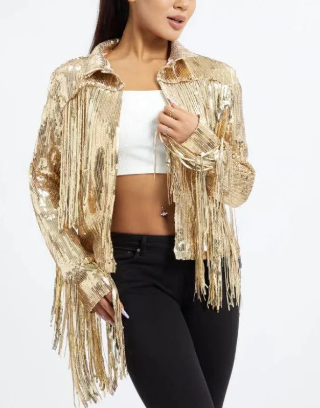 long tassel wing angel sequin fringed coat star matching beaded top with lining stage concert 240530