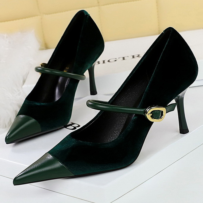BIGTREE New Buckle Design Women Pumps Pointed High Suede Stilettos Heels 7cm 10cm Ladies Shoes Large Size 43 f9c