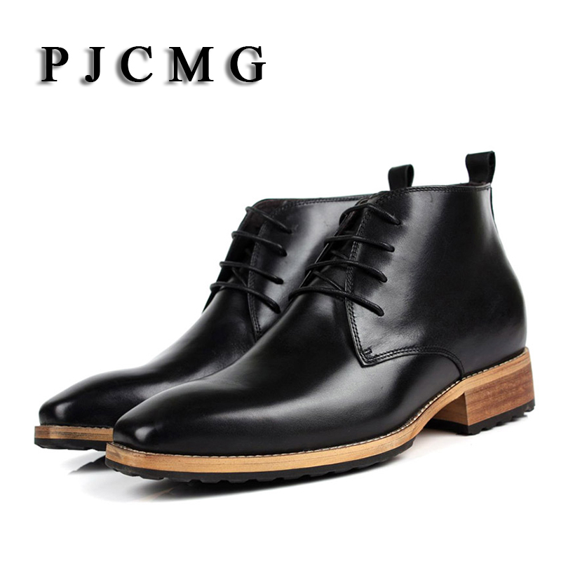 PJCMG New Men's High Genuine Leather Elevator 8 CM Brogue Wedding Office Ankle Boots Lace-Up Male Boots Footwear Botas Hombre