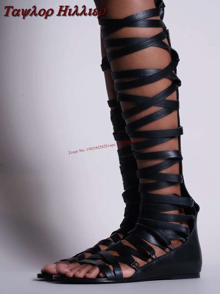 Fashion Sier Twine Flat Women's Round Toe Back Zipper Knee-High Sandals Summer Catwalk Elegant Open-Toed Beach Shoes