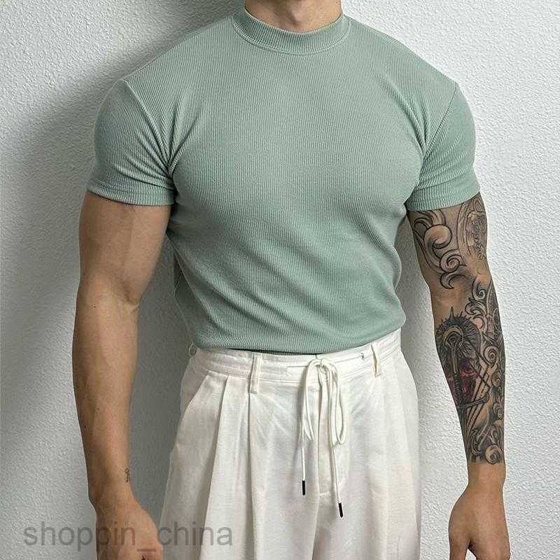 Men's T Shirts 300 kg oversized men's summer new design solid color half high neck thread elastic slimming short sleeved T-shirt for men tee