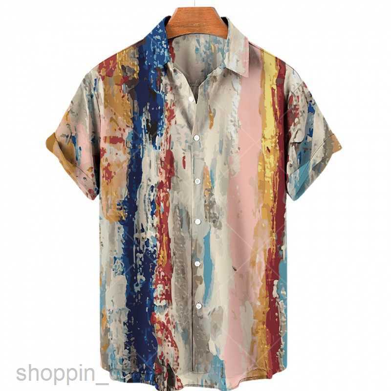 Men's Casual Shirts Summer men's short sleeved shirt four side stretch digital stripe print shirt tops
