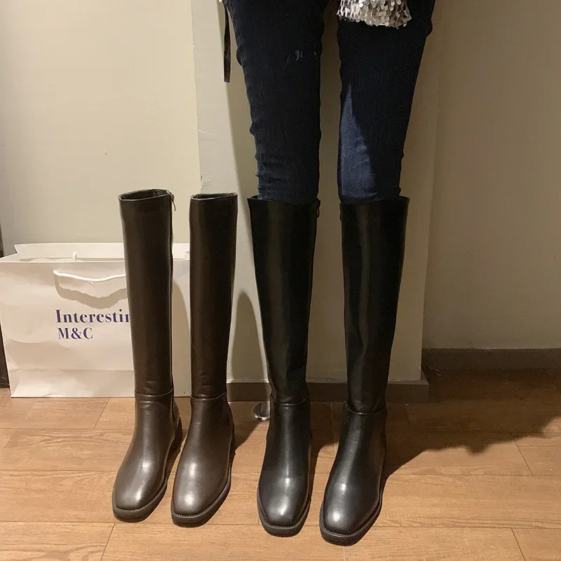 Winter New shopping good Leather Women Knee High Boots Motorcycle Square Toe Zip Footwear Low Heels Female Riding Boot Woman Long Boots99
