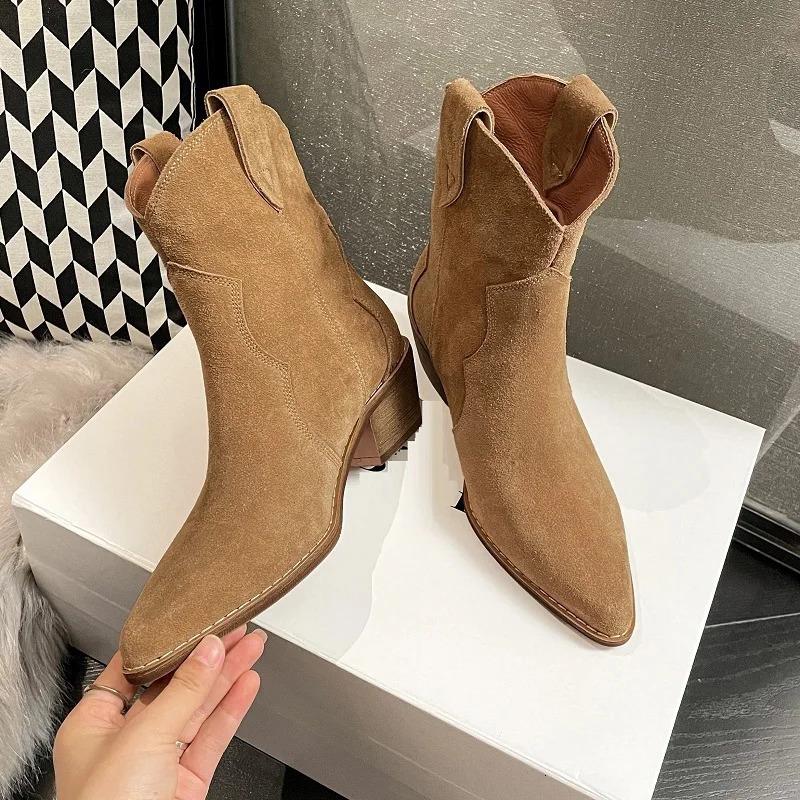 Winter Classic Chelsea Boots for Woman Cow Suede Pointy toe Wedge Heel Ankle Boots Simple Comfortable Cowboy Boots Female 240611