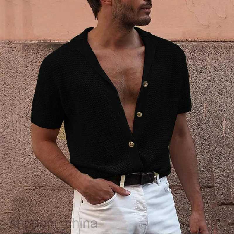 Men's T Shirts Fashionable men casual short sleeved top knitted single breasted gentleman cardigan male lapel sweater tees tops