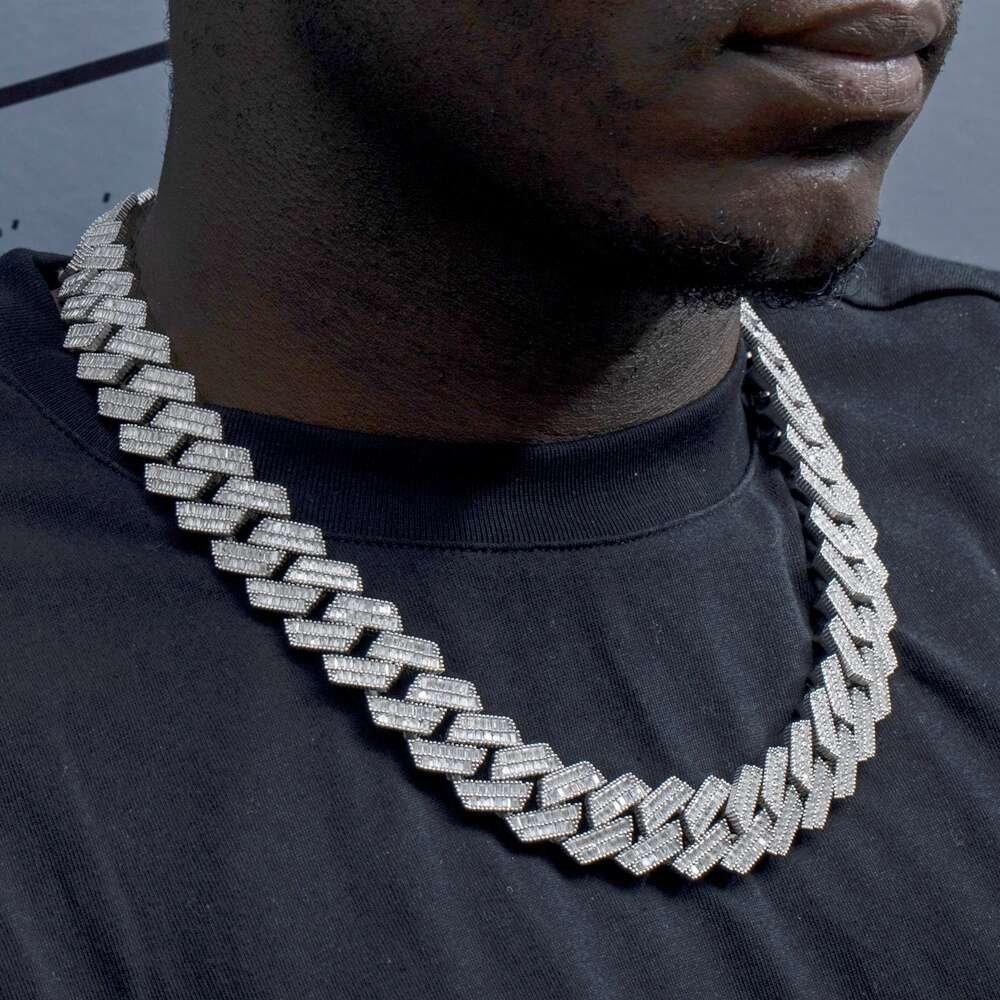 Luxury Double Row Baguette Diamond 20mm Moissanite Cuban Link Chain Mens Lab Diamond Cuban Chain 925 Gold