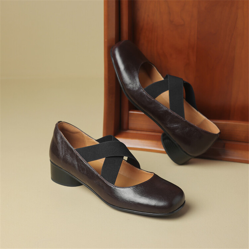 New 2024 Spring Sheepskin Round Toe Low Heel Pumps Mary Jane for Women Shallow Ballet Leather Shoes 87d9