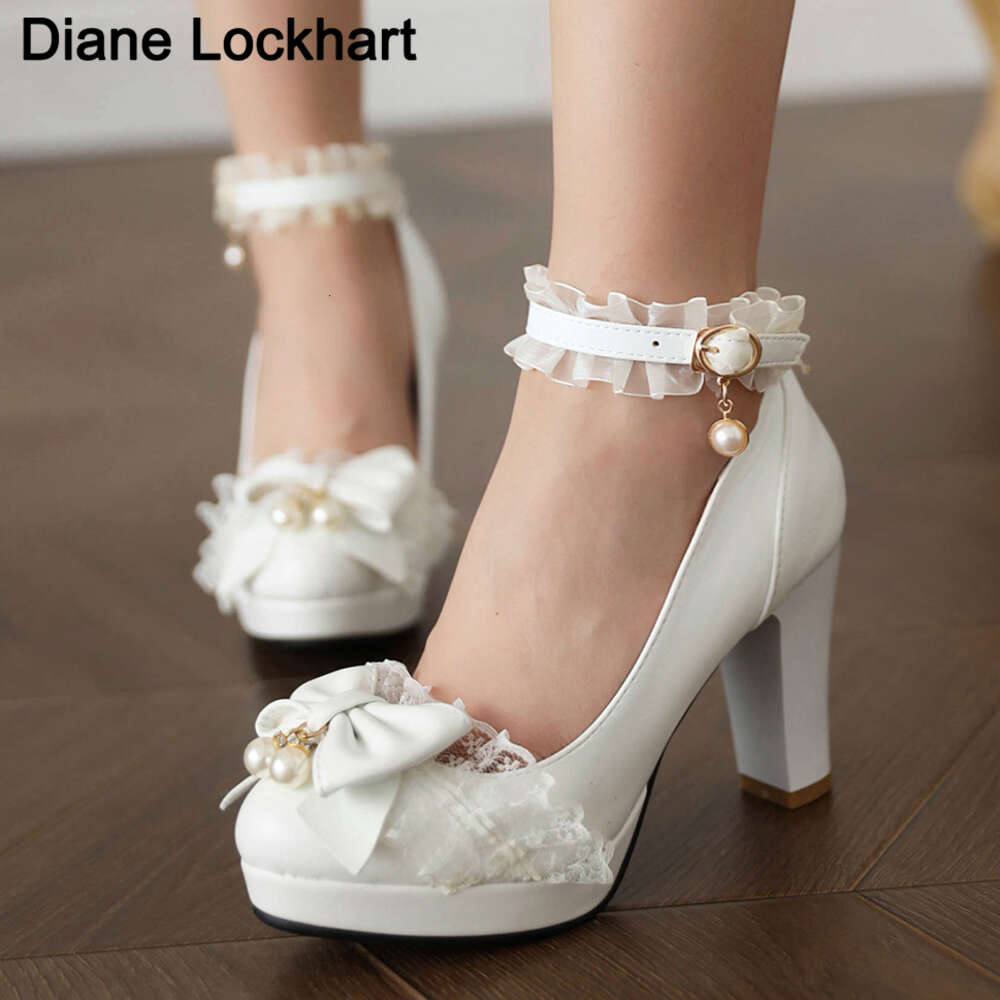 Summer Ladies 2.5 Platform Cute Bow Lace Princess Mary Jane Lolita Shoes Party 10Cm High Heels Buckle Pumps Big Size 43