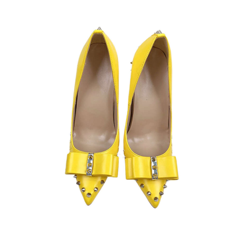 Pointed Yellow Bow Rivet High Heels, Sexy Shoes With Pointed Rivets, Suitable For Parties And Clubs, Extra Large