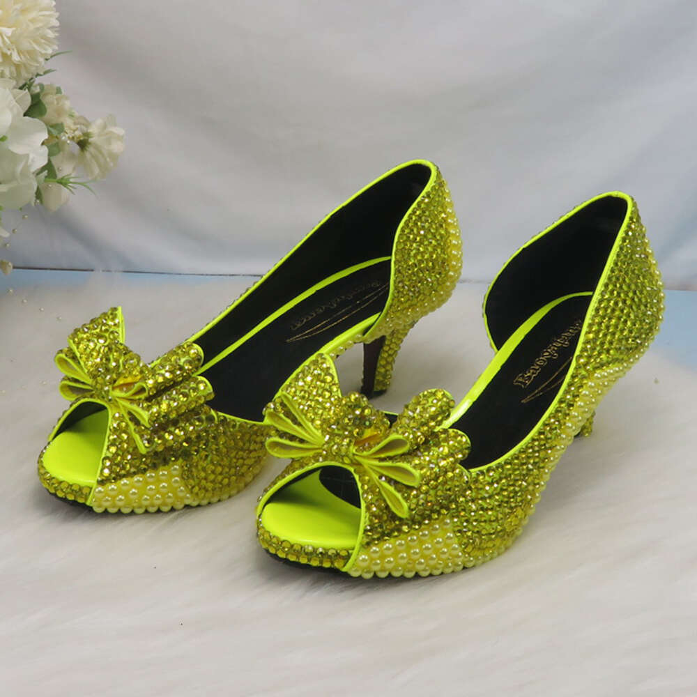 2022 New Arrival Lemon Yellow Crystal Women Wedding Matching Bags Peep Toe High Pumps Fashion Open Toe Shoes And Purse