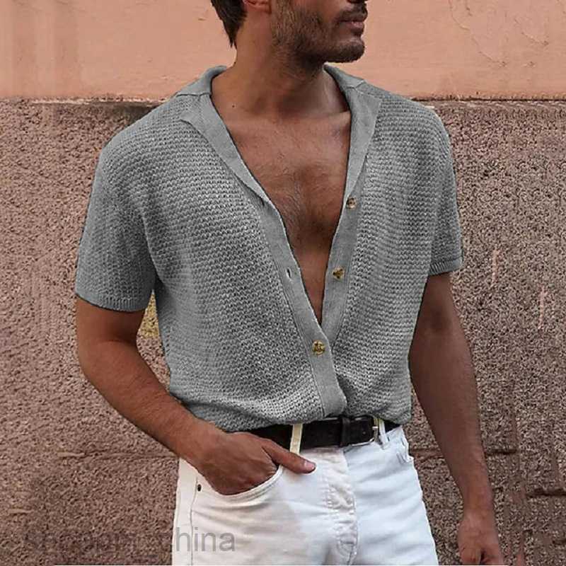 Men's T Shirts Fashionable men casual short sleeved top knitted single breasted gentleman cardigan male lapel sweater tees tops