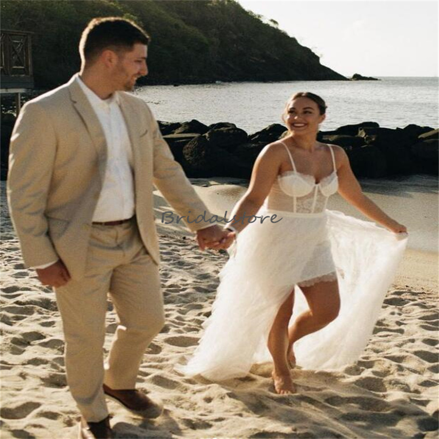 Sexy Summer Beach Wedding Dresses Spaghetti Straps Hi Low Boho Lace Bridal Dress Hispanic Short Country Bride Dress Vestio De Novias Celtic Hippies Bo