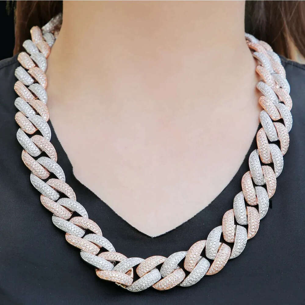 Custom Fashion 20mm 2 Tone Gold Cuban Chain Round Vvs Moissanite Diamond with Long Box Clasp Cuban Miami Link Chain