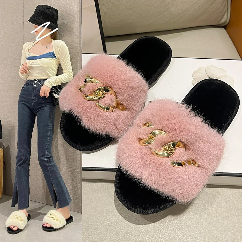 Autumn Winter Open Toe Furry Fluffy Slippers Women Home Indoor Warm Thick-soled Slipper Fashion Cotton Slippers Zapatillas Mujer 240611