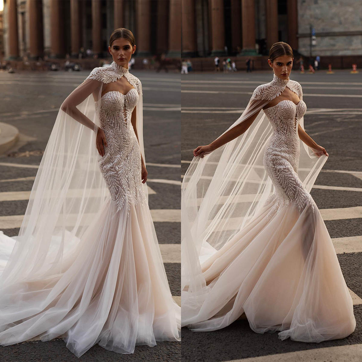 Fashion Mermaid Bridal Gowns Beading Sequins Wedding Dress With Cape Strapless Custom Made Sleeveless Sweep Train Vestido De Novia 0219