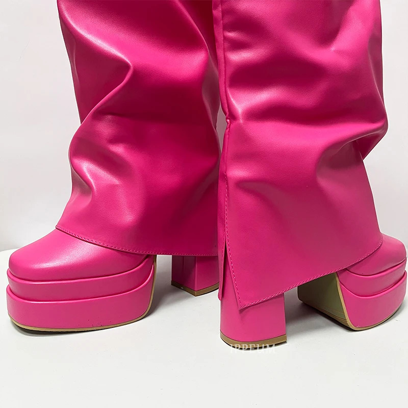 IPPEUM Fold Over Boots Women Orange Pink Block Heel Knee High Plus Size 43 Platform Shoes y2k botas plataforma mujer 240611