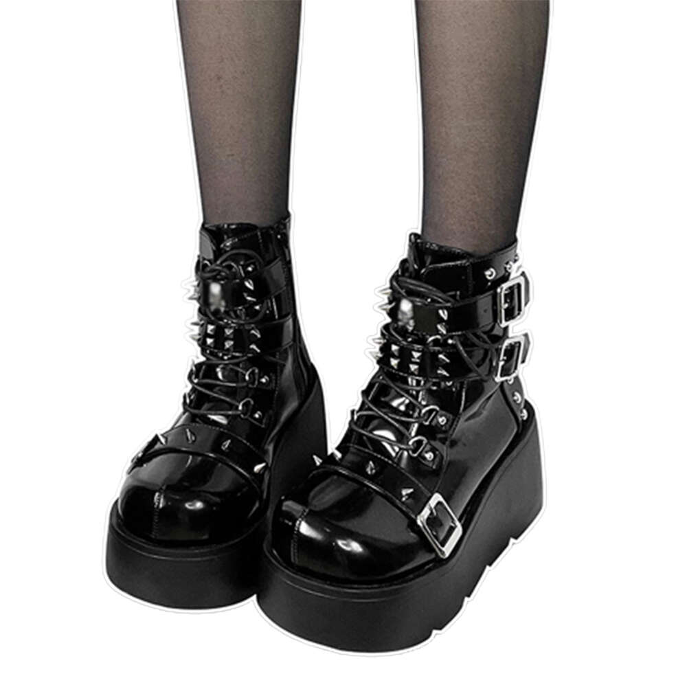 GIGIFOX Women Platform Gothic Ankle Combat Boots Rivet Chain Wedges Punk Cosplay Zip Booties Autumn Winter Motorcycle Shoes
